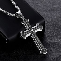 Pendant Necklaces Vintage Bible Text Stainless Steel Cross Pendant Necklace Punk Fashion Biker Amulet Mens Chain Necklace Jewelry Gift 230412