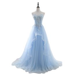 Light Blue Prom Dresses Long Sexy Sweetheart A-Line Tulle Lace Applique Beaded Crystal Women Formal Party Gown