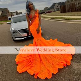 Black Girls Mermaid Prom Dresses 2023 Sequins Lace Orange Evening Gowns Outfit African Women Robes De Bal Party Wear