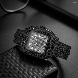 Wristwatches MISSFOX Fashion Cool Black Watches Men Automatic Date Waterproof Clocks Hip Hop Iced Diamond Quartz WristWatch Reloj Hombre