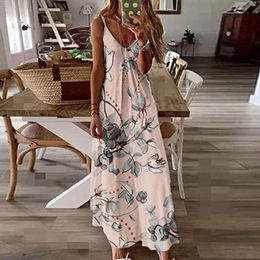 Casual Dresses Summer For Women Sexy Sling Long Dress Suspender Sleeveless V Neck Flower Print Loose Cotton Linen