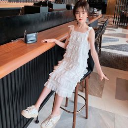 Girl Dresses Teen Girls Chiffon Summer 2023 French Vintage Black White Colour Multi Layer Cake Straight Loose Kids Costume