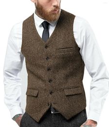 Men's Vests Tweed Vest Herringbone V-neck Vintage Wedding Wool Slim Party Business Groomsmen Clothing Waistcoat