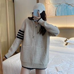 Grey Tom Zippered Coat Hooded Sweater Couple Cardigan Womens Four Bar Top Korean Version Loose Fashion Spring and Autumn 2024