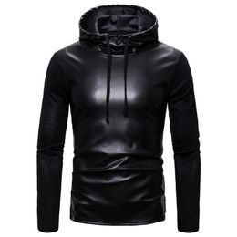 Men's T-Shirts Idopy Autumn Winter Men Black PU Leather Hip Hop Long Sleeve T Shirt With Hooded Side Split Punk Tees Tops Hoo248Y