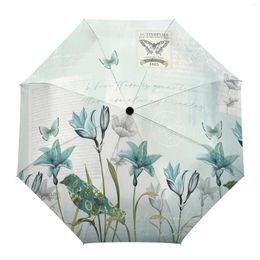 Umbrellas Rustic Vintage Tulip Flower Bird Automatic Umbrella Travel Folding Portable Windproof Parasol