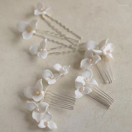 Hair Clips INS Porcelain Flower Bridal Combs Pins Wedding Piece Handmade Freshwater Pearls Women Jewellery Girls Headpiece