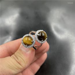 Cluster Rings Natural 925 Sterling Silver Inlaid Gradient Tiger Eye Stone Jade Resizable For Women Engagement Gift