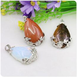 Pendant Necklaces 25X34mm Water Drop Goldsand Tigers Eye Moonstone Flower Edge Women Ornaments Alloy Jewellery Making Design Mothers Gifts