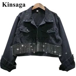 Women's Jackets Elegant Women Tassel Diamonds Beading Bomber Denim Jacket Spring Fall Tunique Femme Street Wild Beaded Short Cropped Jeans Coat J231113