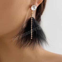 Boho White Black Genuine Feather Dangle Earrings for Women Creative Long Tassel Rhinestone Earrings Wed Party Jewelry