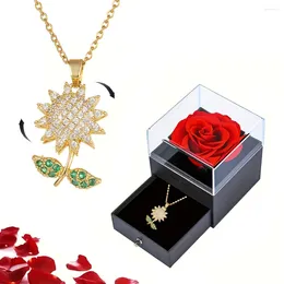 Necklace Earrings Set Rotatable Sunflower Zircon With Preserved Flower Rose Gift Box For Mom Girlfriend Wife 2023 Christmas Valentine Gifts