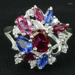 Cluster Rings 20x17mm Jazaz Luxury 4.3g Real Green Emerald Pink Sapphire Tanzanite Amethyst Engagement 925 Solid Sterling Silver