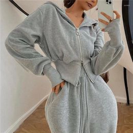 Running Sets Grey Hooded Sweatshirts Tracksuit Women Coat Double Zip Up Crop Top Drawstring Waist Sweatpant Harem Pants 2 Piece