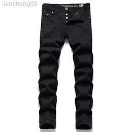 Men's Jeans Hot Men's Black jeans Simple Trend Stretch Slim Pencil Pants High Quality Solid Colour Mid-Waist Embroidered Brand Trousers W0413