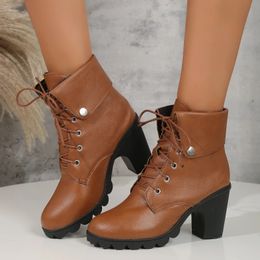 Boots Ladies on Sale High Quality Winter Lace Up Modern Boots Solid Round Head Heeled Large Size Zapatos Mujer 231113