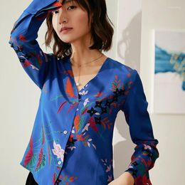 Women's Blouses Silk Shirt Female Flower Mulberry Jacket Blue Seal V Neck Long Sleeve Loose