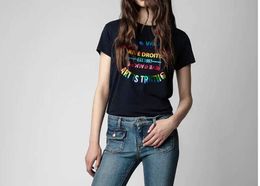 23ss Zadig Voltaire классическая футболка с позолотой и цветным принтом, футболки с круглым вырезом, женские футболки с короткими рукавами, топы, поло