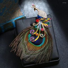 Brooches Luxury Original Handmade Peacock Feather Brooch Ethnic Jewellery Flowers Vintage Rhinestone Crystal Suit Accessories