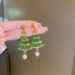 Retro star inlaid Diamond Christmas Tree Pearl 925 Silver Earrings Fashion Light luxury high -level temperament earrings female