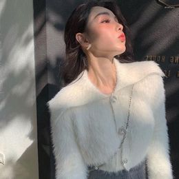 Women's Knits Mink Cashmere White Mohair Sweaters Women Lapel Cropped Cardigan Korean Knitted Sueter Pink Jacket Chic Button