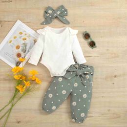 Clothing Sets Autumn Infant Baby Girls Suit Long Sleeve Ribbed Snap + Pants Belt + Bow Headband Spring Clothes