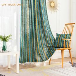 Curtain American Striped With Tassels Cotton Linen Blackout Window Ready-made Drapes For Bedroom Curtains In The Living Room