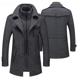 Men's Fur Faux Fur Winter Fashion Men Slim Fit Wool Trench Coats Middle Long Jacket Suit Male Double Collar Zipper Solid Mens Long Woolen Coats 231113