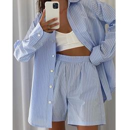 Women's Sleepwear Loung Wear Women's Home Clothes Stripe Long Sleeve Shirt Tops and Loose High Waisted Mini Shorts Two Piece Set Pajamas 230412