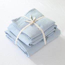 Bedding Sets Washed Cotton 4pcs Solid Color Light Blue Set Vintage Fabric Fitted Sheets