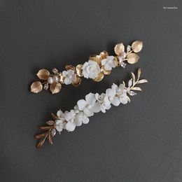 Hair Clips Bridal Jewellery Porcelain Flower Hairpins Gold Colour Pins For Brides Women Zirconia Head Pieces Wedding Accessories