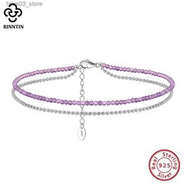 Anklets Rinntin 925 Sterling Silver Layered Ball Chain Amethyst Anklets for Women Fashion Ankle Chain Bracelet Barefoot Jewellery SA45 Q231113