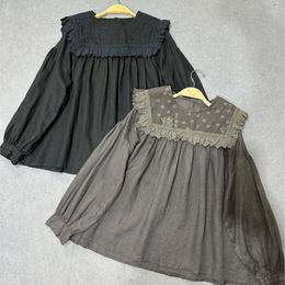 Women's Blouses Johnature Japanese Vintage Linen Women Shirts 2023 Spring Detachable Petal Collar Embroidery Loose Solid Color Female Blouse