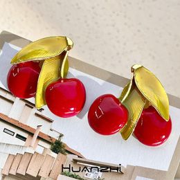Stud Earrings French Vintage Enamel Red Drip Glaze Fruit Metal Cherry For Women Girl Summer Sweet Jewelry Gift HUANZHI 2023