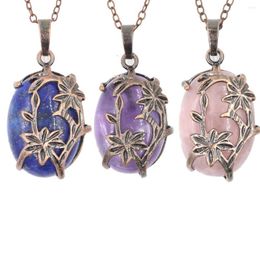 Pendant Necklaces Oval Natural Gem Stone Carved Flower Reiki Crystal Suspension Opal Amethysts Pink Quartz Pendants For Women Girl Jewelry