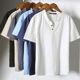 Men's T-Shirts Linen Mens Summer Short Sleeve T-Shirt Plus Size Casual Loose Plain V Neck Collor Breathable Harajuku T Shirt Clothing 230413