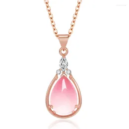 Pendant Necklaces Trendy Necklace Rose Gold Colour Waterdrop Synthetic Ross Quartz CZ Pink Opal Chokers For Women Girls Gift Drop