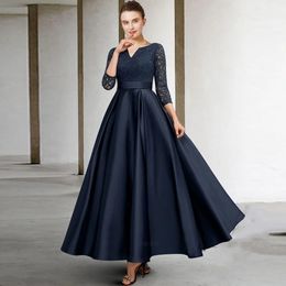 2024 Elegant Dark Blue Mother Of The Bride Dress V-neck Long Sleeve Lace Satin Floor Length Women Wedding Guest Party Gowns Custom Made