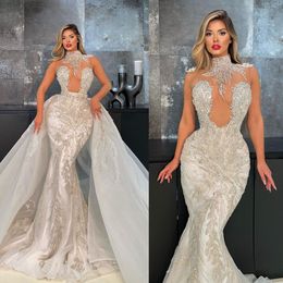 Sexy Crystal Mermaid Wedding Dresses Luxurious Sleeveless High Neck Bridal Gowns Custom Made Sequined Dress Vestido De Novia