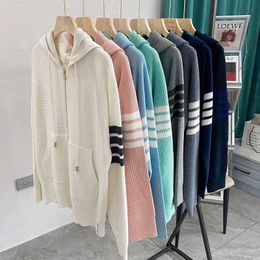 TB Women S Sweaters Autumn New Korean Waffle Tom Hooded Drawcord Zipper Cardigan Loose Long Sleeve Knitted Woolen Sweater Coat