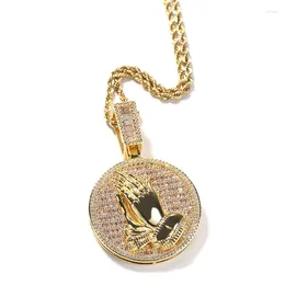 Pendant Necklaces Hip Hop 3A CZ Stone Paved Bling Iced Out The Praying Hands Pendants For Men Rapper Jewelry Drop