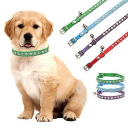 Dog Collars PU Leather Cat Pet Collar 4 Colours Diamond Retractable Elastic Band Bell With For Puppy Accessories