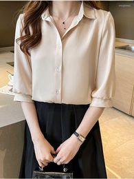 Women's Blouses Silk Women Shirt Three Quarter Sleeve For Satin And Shirts Summer Fashion Clothing White Tops