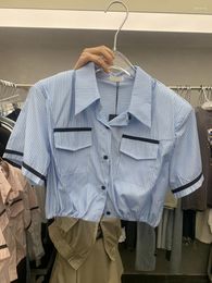 Women's Blouses Summer Dress Designer Lapel Colour Contrast Stripe Korean Dongdaemun Button Short-sleeved Shirt Top Tide