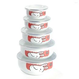 Bowls Creative Flower Animal Enamel Salad With Plastic Covers For Home Kitchen Fresh-keeping 5Pcs/ Bowl Set