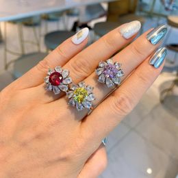Cluster Rings Korean Fashion 925 Sterling Silver Pink Water Droplets Flower Crystal Zircon Adjustable Opening Ring Free Delivery Wholesale