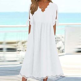 Casual Dresses Vintage White Solid Colour Dress Women V Neck Short Sleeve Boho Elegant Style Mid 2023 Fashion Clothing Vestido