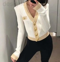Women's Sweaters designer 2023 early spring new women's clothing niche fashion metal buckle slim fitting V-neck shoulder pad knitted cardigan top OO2F