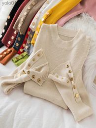 Women's Sweaters 2023 women thick sweater pullovers khaki casual autumn winter button o-neck chic sweater fe slim knit top soft jumper topsL231113