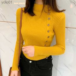 Women's Sweaters 2023 Knitted Women Sweater Ribbed Pullovers Button High Neck Autumn Winter Basic Women Sweaters Fit Soft Warm All Match TopsL231113